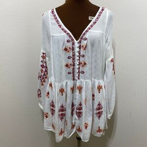 Free People Womens Tunic Size M White V-Neck Button Up Long Sleeve Embroidered